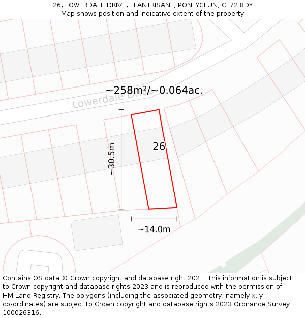 26, LOWERDALE DRIVE, LLANTRISANT, PONTYCLUN, CF72 8DY: Plot and title map