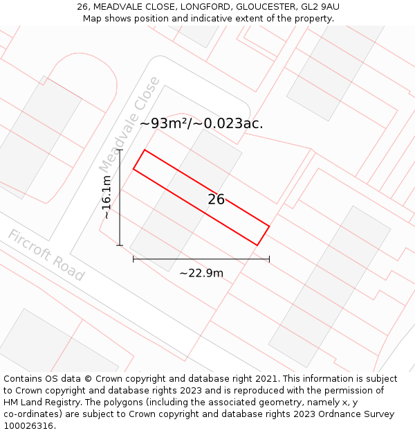 26, MEADVALE CLOSE, LONGFORD, GLOUCESTER, GL2 9AU: Plot and title map