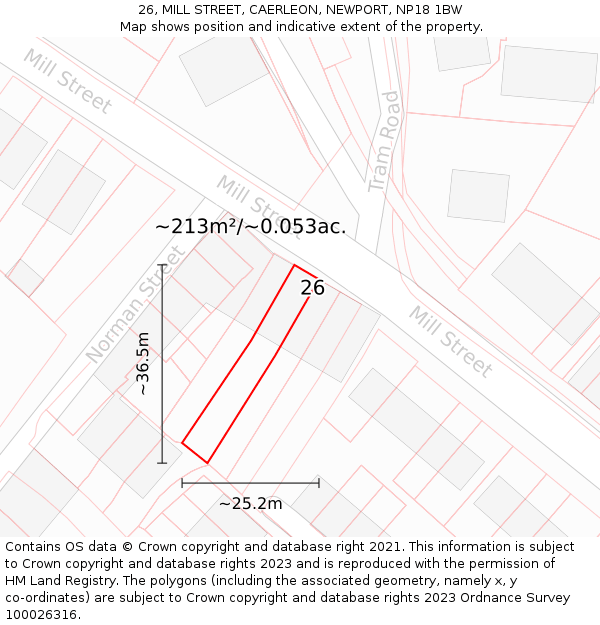 26, MILL STREET, CAERLEON, NEWPORT, NP18 1BW: Plot and title map