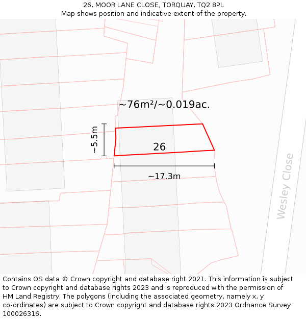 26, MOOR LANE CLOSE, TORQUAY, TQ2 8PL: Plot and title map