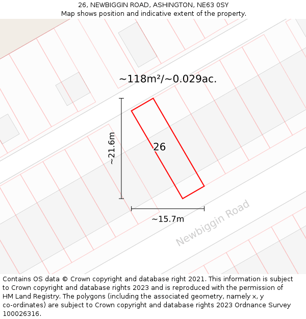 26, NEWBIGGIN ROAD, ASHINGTON, NE63 0SY: Plot and title map