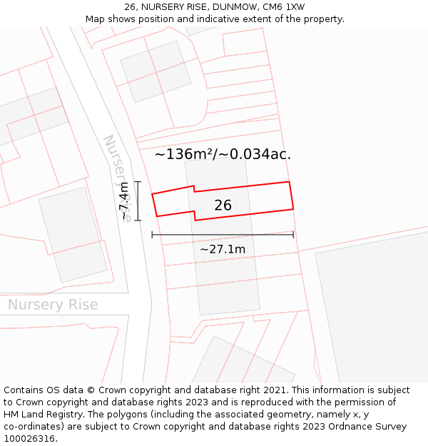 26, NURSERY RISE, DUNMOW, CM6 1XW: Plot and title map