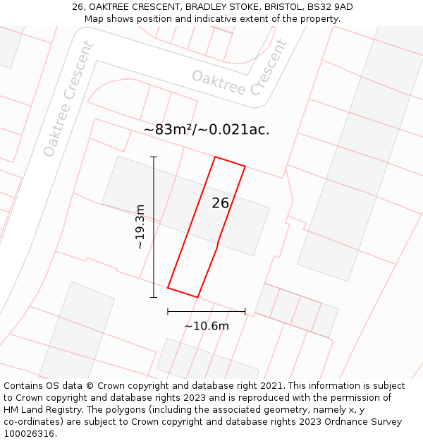 26, OAKTREE CRESCENT, BRADLEY STOKE, BRISTOL, BS32 9AD: Plot and title map