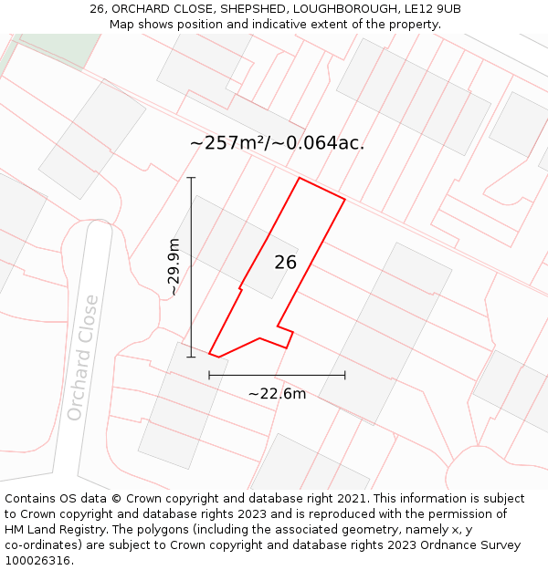 26, ORCHARD CLOSE, SHEPSHED, LOUGHBOROUGH, LE12 9UB: Plot and title map