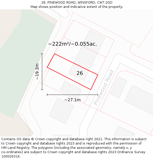 26, PINEWOOD ROAD, WINSFORD, CW7 2GD: Plot and title map