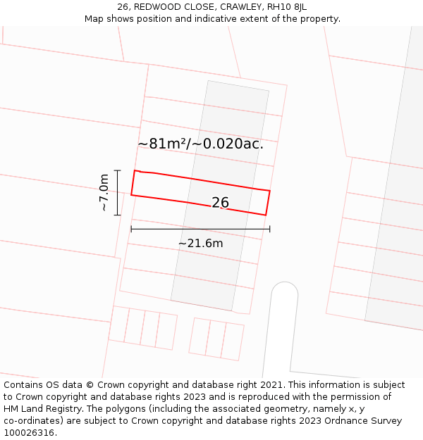 26, REDWOOD CLOSE, CRAWLEY, RH10 8JL: Plot and title map