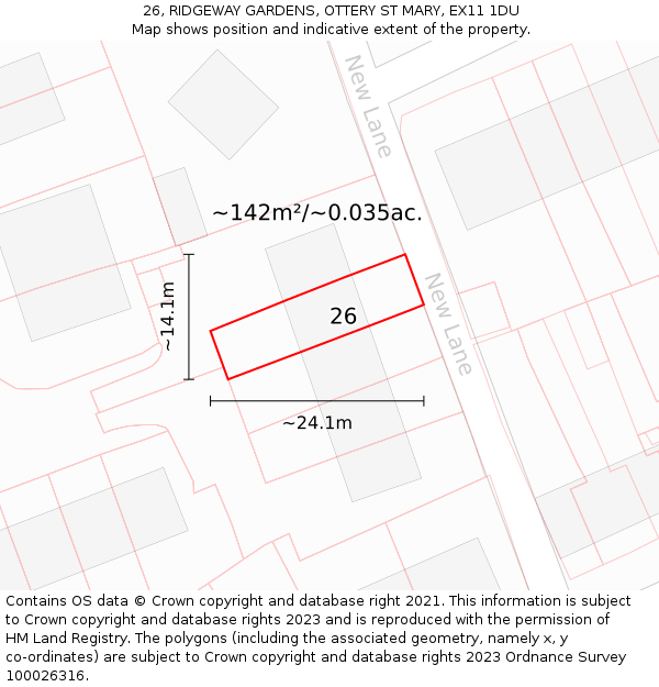 26, RIDGEWAY GARDENS, OTTERY ST MARY, EX11 1DU: Plot and title map
