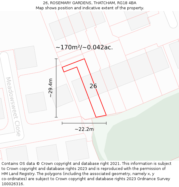26, ROSEMARY GARDENS, THATCHAM, RG18 4BA: Plot and title map