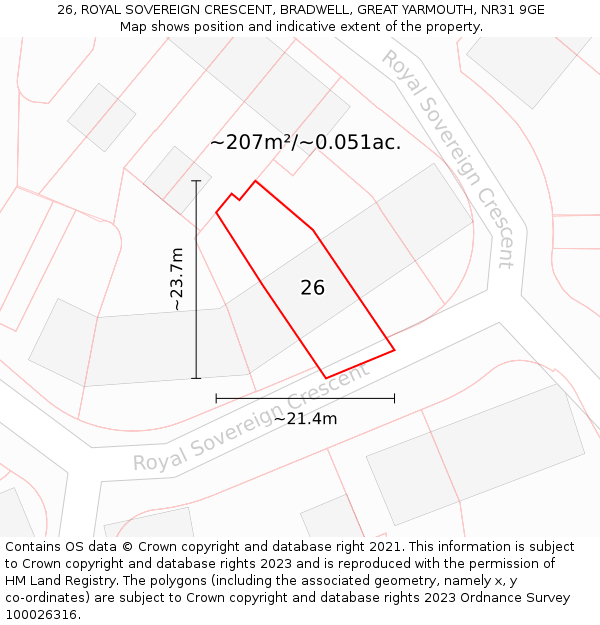 26, ROYAL SOVEREIGN CRESCENT, BRADWELL, GREAT YARMOUTH, NR31 9GE: Plot and title map