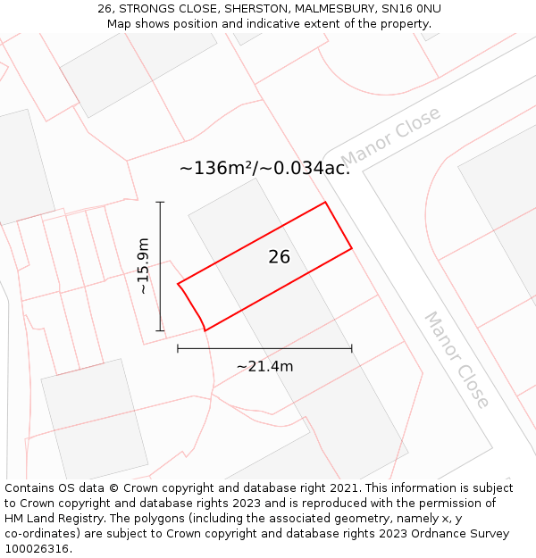 26, STRONGS CLOSE, SHERSTON, MALMESBURY, SN16 0NU: Plot and title map