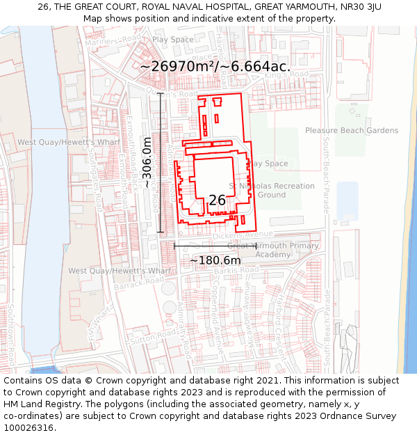 26, THE GREAT COURT, ROYAL NAVAL HOSPITAL, GREAT YARMOUTH, NR30 3JU: Plot and title map