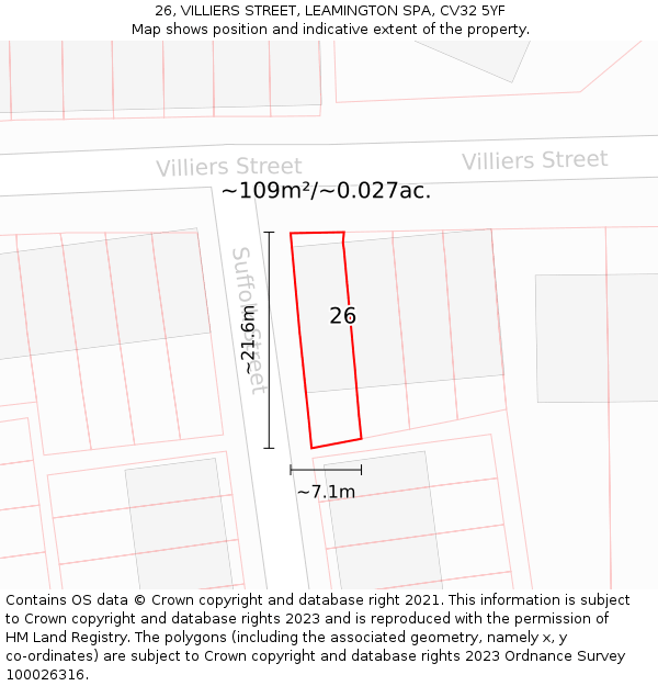 26, VILLIERS STREET, LEAMINGTON SPA, CV32 5YF: Plot and title map