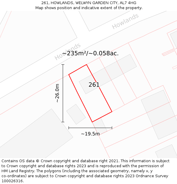 261, HOWLANDS, WELWYN GARDEN CITY, AL7 4HG: Plot and title map