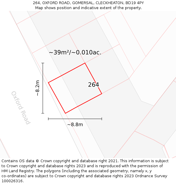 264, OXFORD ROAD, GOMERSAL, CLECKHEATON, BD19 4PY: Plot and title map