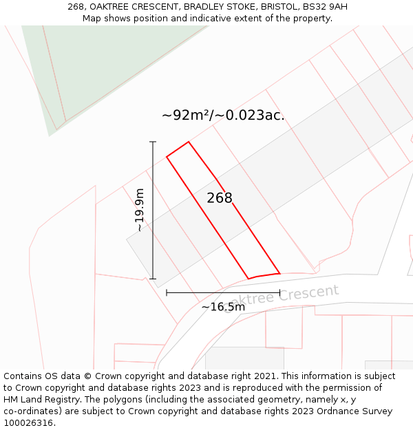 268, OAKTREE CRESCENT, BRADLEY STOKE, BRISTOL, BS32 9AH: Plot and title map