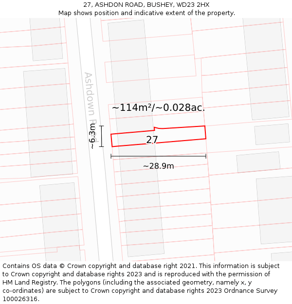 27, ASHDON ROAD, BUSHEY, WD23 2HX: Plot and title map