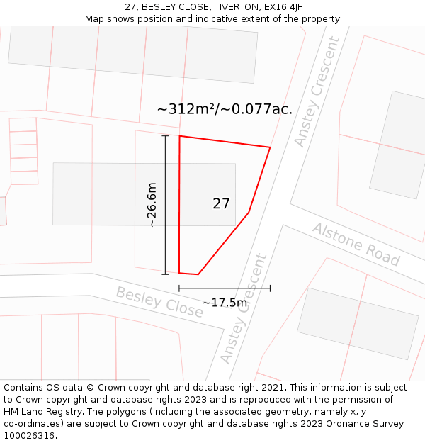 27, BESLEY CLOSE, TIVERTON, EX16 4JF: Plot and title map