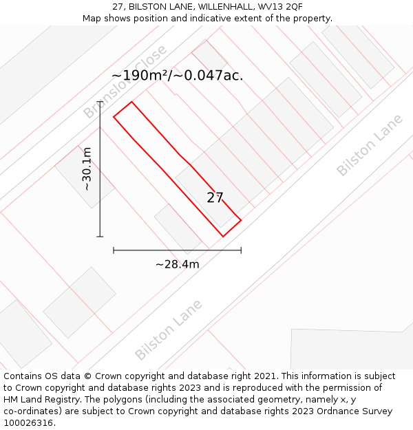 27, BILSTON LANE, WILLENHALL, WV13 2QF: Plot and title map