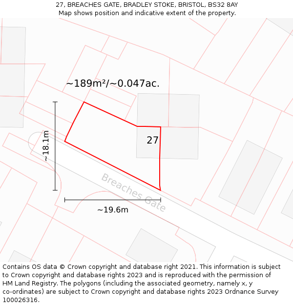 27, BREACHES GATE, BRADLEY STOKE, BRISTOL, BS32 8AY: Plot and title map