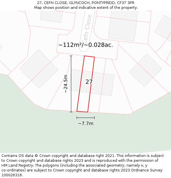 27, CEFN CLOSE, GLYNCOCH, PONTYPRIDD, CF37 3PR: Plot and title map