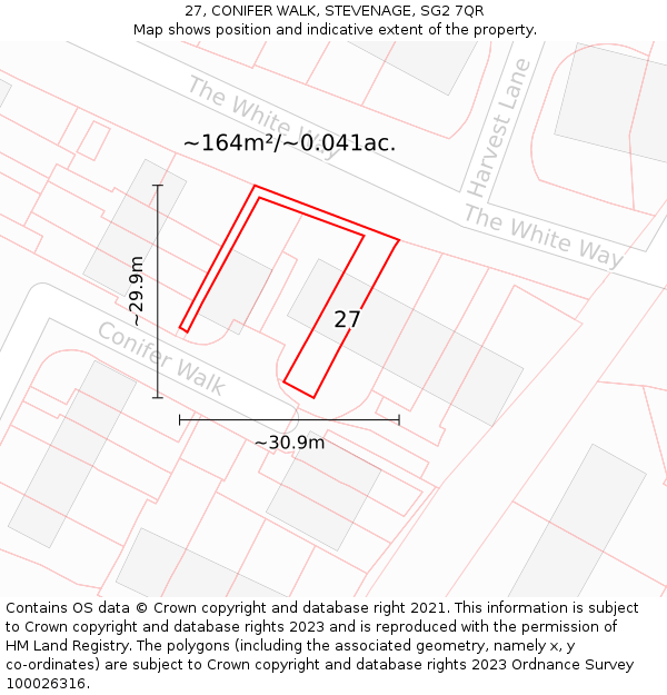 27, CONIFER WALK, STEVENAGE, SG2 7QR: Plot and title map