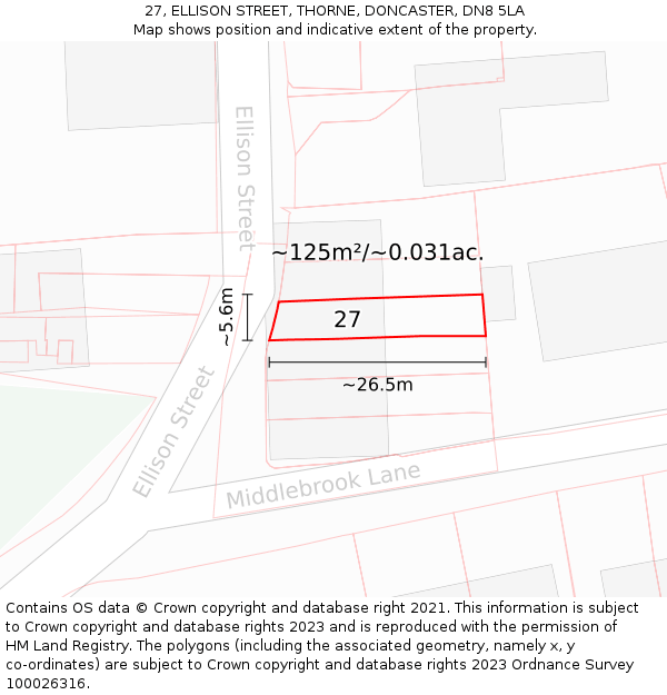 27, ELLISON STREET, THORNE, DONCASTER, DN8 5LA: Plot and title map