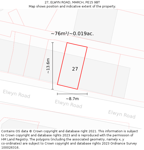 27, ELWYN ROAD, MARCH, PE15 9BT: Plot and title map