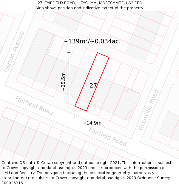 27, FAIRFIELD ROAD, HEYSHAM, MORECAMBE, LA3 1ER: Plot and title map