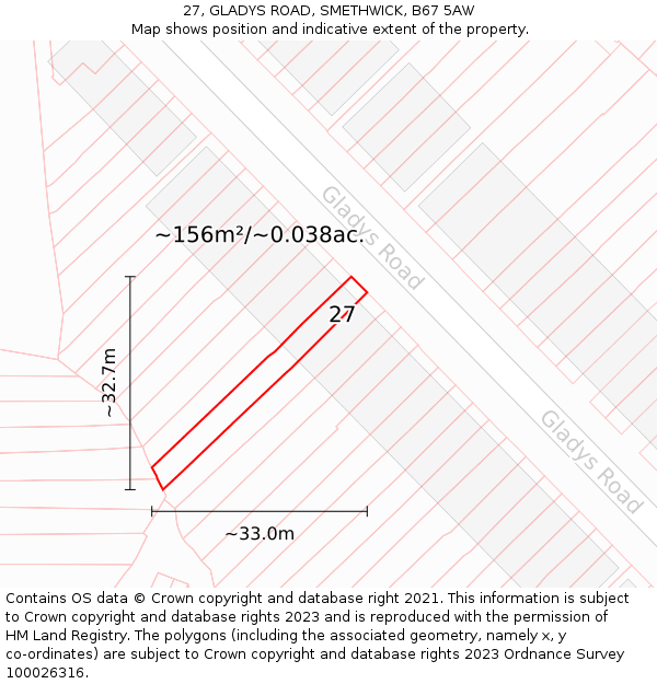 27, GLADYS ROAD, SMETHWICK, B67 5AW: Plot and title map