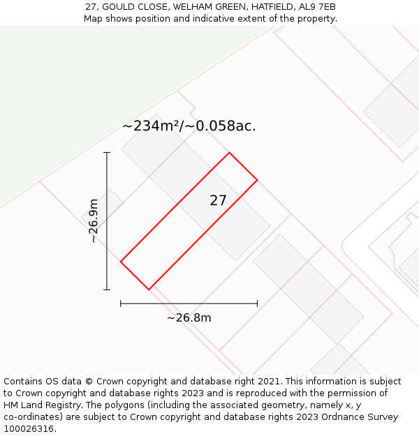 27, GOULD CLOSE, WELHAM GREEN, HATFIELD, AL9 7EB: Plot and title map