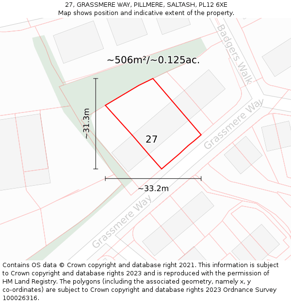 27, GRASSMERE WAY, PILLMERE, SALTASH, PL12 6XE: Plot and title map