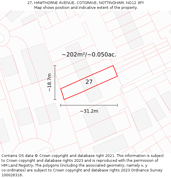27, HAWTHORNE AVENUE, COTGRAVE, NOTTINGHAM, NG12 3PY: Plot and title map