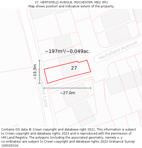 27, HERTSFIELD AVENUE, ROCHESTER, ME2 3PU: Plot and title map
