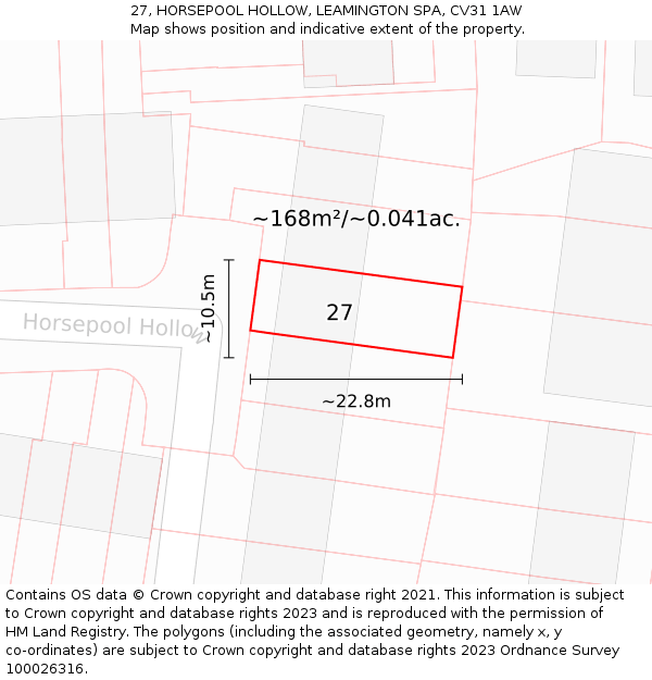 27, HORSEPOOL HOLLOW, LEAMINGTON SPA, CV31 1AW: Plot and title map