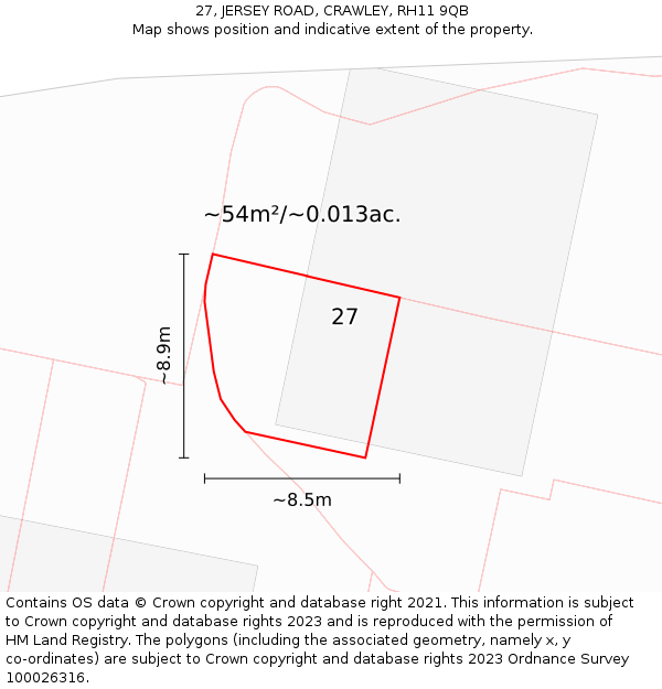 27, JERSEY ROAD, CRAWLEY, RH11 9QB: Plot and title map