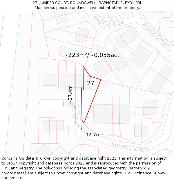 27, JUNIPER COURT, ROUNDSWELL, BARNSTAPLE, EX31 3RL: Plot and title map