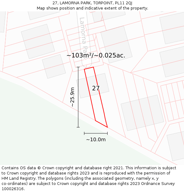 27, LAMORNA PARK, TORPOINT, PL11 2QJ: Plot and title map