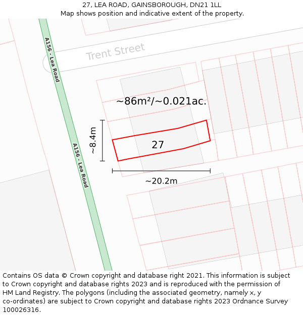 27, LEA ROAD, GAINSBOROUGH, DN21 1LL: Plot and title map
