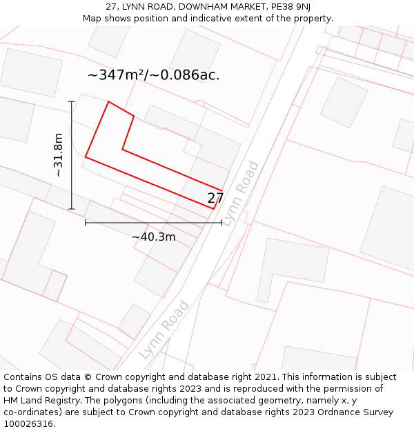 27, LYNN ROAD, DOWNHAM MARKET, PE38 9NJ: Plot and title map