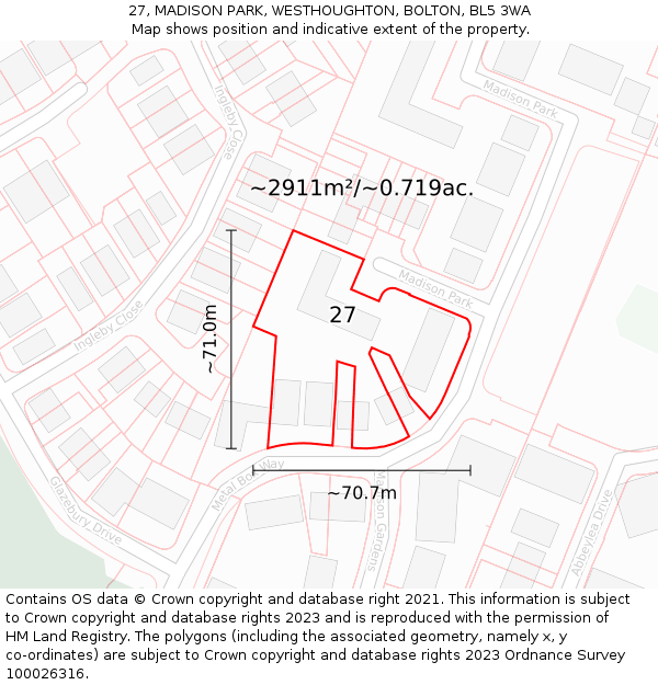 27, MADISON PARK, WESTHOUGHTON, BOLTON, BL5 3WA: Plot and title map
