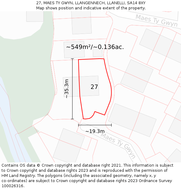 27, MAES TY GWYN, LLANGENNECH, LLANELLI, SA14 8XY: Plot and title map