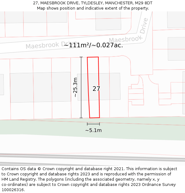 27, MAESBROOK DRIVE, TYLDESLEY, MANCHESTER, M29 8DT: Plot and title map