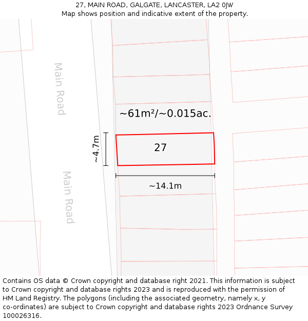 27, MAIN ROAD, GALGATE, LANCASTER, LA2 0JW: Plot and title map