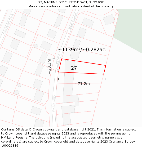 27, MARTINS DRIVE, FERNDOWN, BH22 9SG: Plot and title map