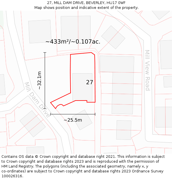 27, MILL DAM DRIVE, BEVERLEY, HU17 0WF: Plot and title map