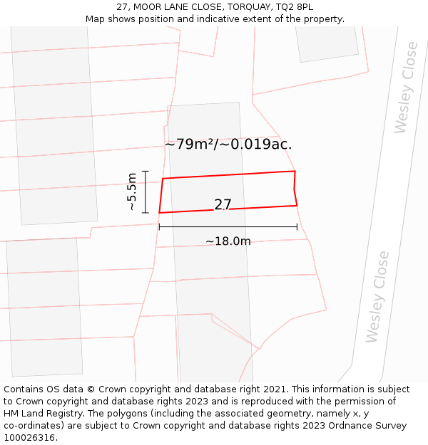 27, MOOR LANE CLOSE, TORQUAY, TQ2 8PL: Plot and title map