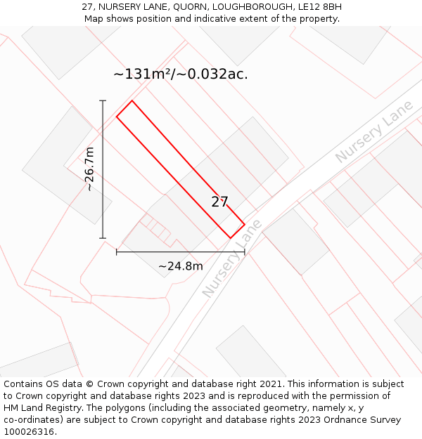 27, NURSERY LANE, QUORN, LOUGHBOROUGH, LE12 8BH: Plot and title map