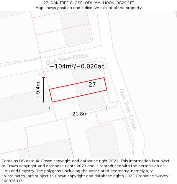 27, OAK TREE CLOSE, ODIHAM, HOOK, RG29 1FT: Plot and title map