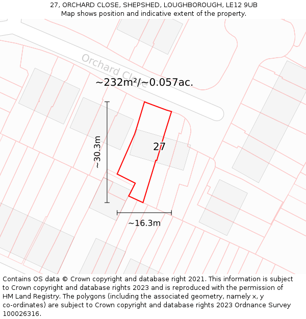27, ORCHARD CLOSE, SHEPSHED, LOUGHBOROUGH, LE12 9UB: Plot and title map