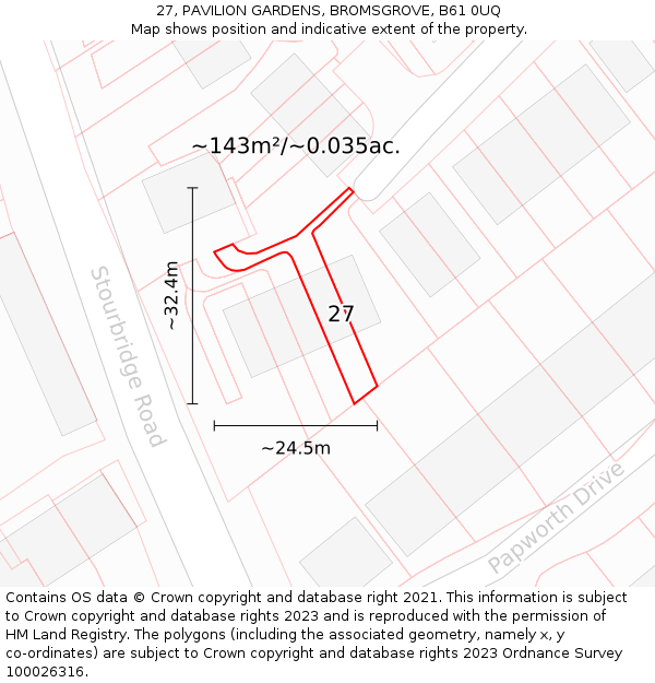 27, PAVILION GARDENS, BROMSGROVE, B61 0UQ: Plot and title map